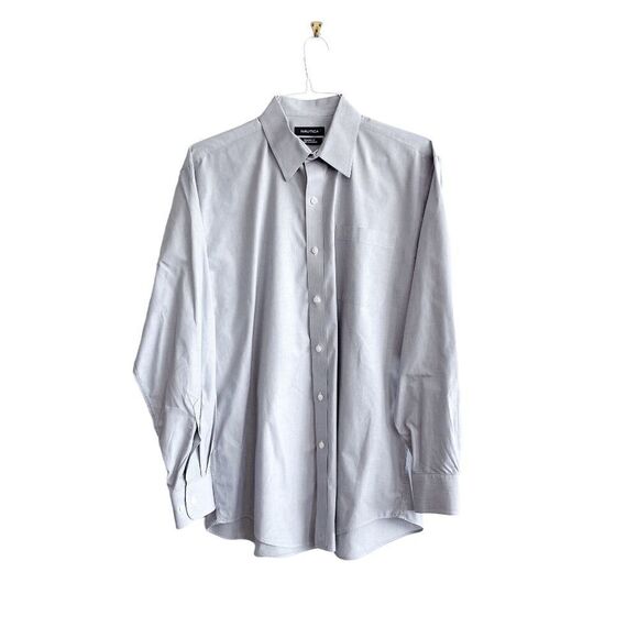 Nautica Mens Collared Classic Dress Shirt Button Long Sleeve Plain Gray Size 16 - Picture 1 of 8